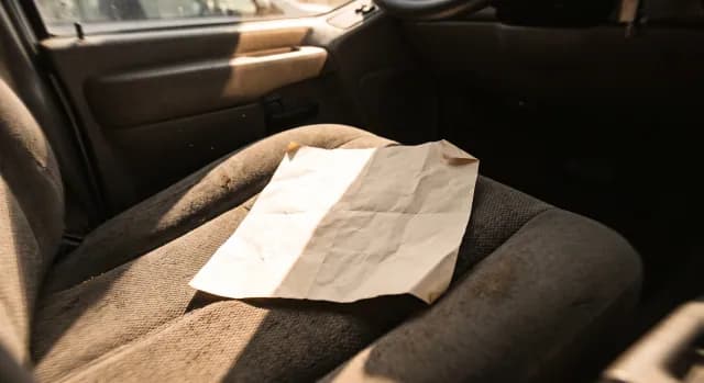 A creased delivery note on a vehicle seat